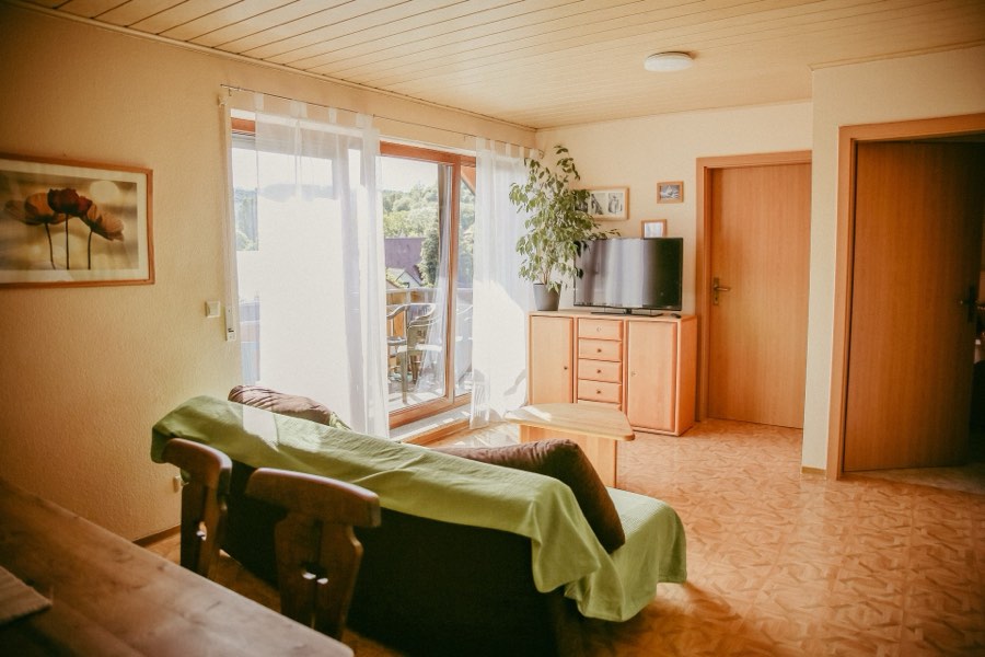 Helles Wohnzimmer der Ferienwohnung auf dem Biohof